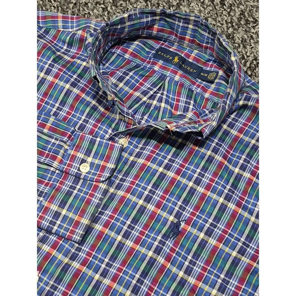 Ralph Lauren Shirt Men's Medium Blue Multi Plaid Long Sleeve‎ Cotton Button Down